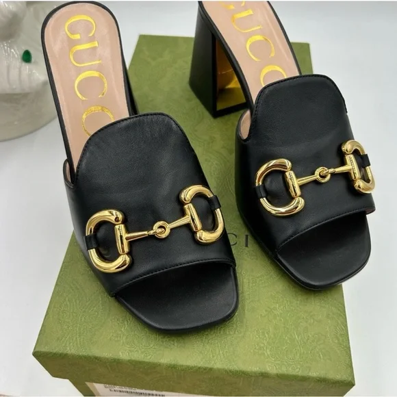 Women's Gucci Horsebit Leather mid heel slide sandal size 37.5 made in Italy - Picture 2 of 9